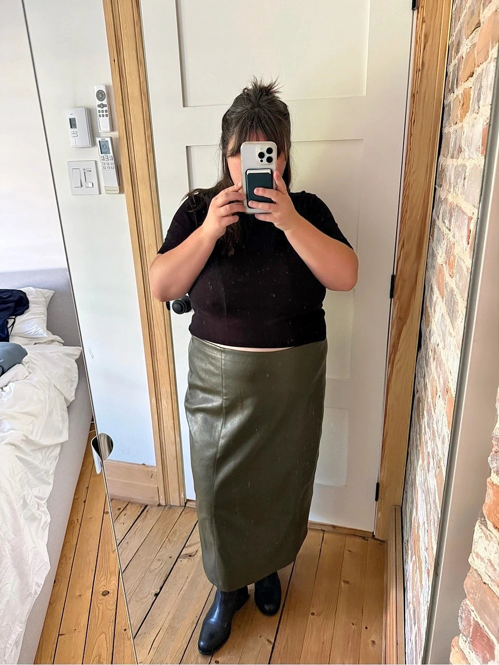 Olive green Faux Leather Midi Skirt Like New
